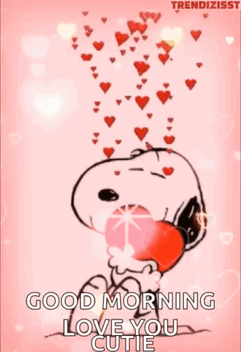 Snoopy Is Holding A Heart In His Mouth With Hearts Coming Out Of His Mouth . GIF