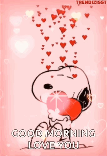 Snoopy Is Holding A Heart In His Mouth With Hearts Coming Out Of His Mouth . GIF