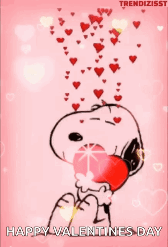 Snoopy Is Holding A Heart In His Mouth With Hearts Coming Out Of It . GIF
