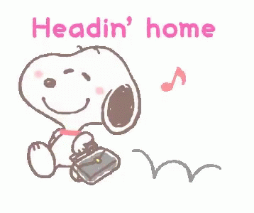 Snoopy Is Holding A Purse And Smiling With The Words `` Headin ' Home '' Behind Him . GIF