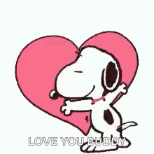 Snoopy Is Hugging A Heart Surrounded By Hearts And Saying `` Love You Buddy '' . GIF