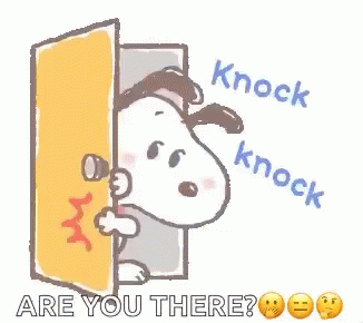 Snoopy Is Peeking Out Of A Door With The Words Knock Knock Are You There Written On It . GIF