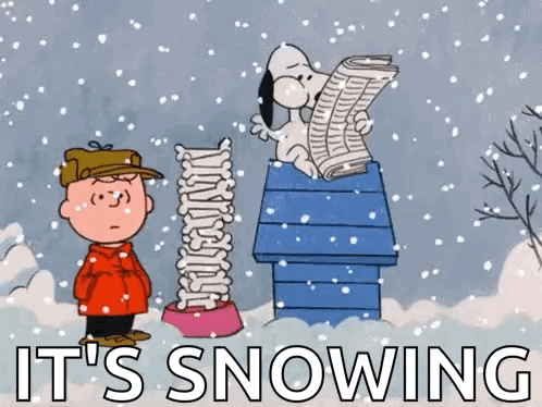 Snoopy Is Reading A Newspaper While Charlie Brown Is Standing Next To A Dog House In The Snow . GIF