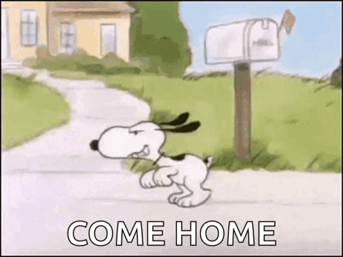 Snoopy Is Running Down A Road Next To A Mailbox And A House . GIF