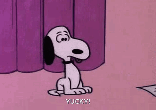 Snoopy Is Sitting In Front Of A Purple Curtain And Saying , Yucky ! GIF