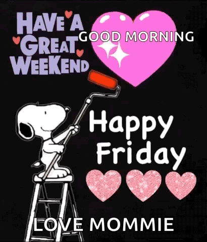 Snoopy Is Sitting On A Ladder Painting A Heart With A Roller . GIF