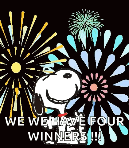 Snoopy Is Smiling In Front Of A Fireworks Display And Says We Have Four Winners . GIF