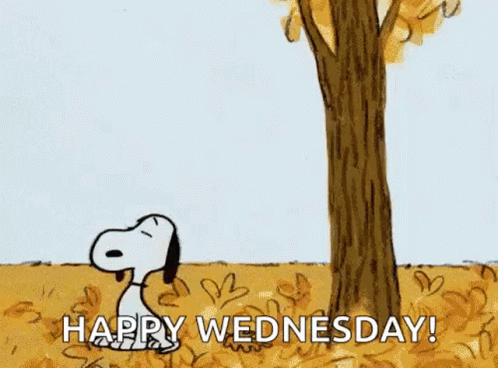 snoopy is standing next to a tree with leaves falling from it and a squirrel hanging from it .