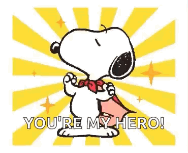Snoopy Is Wearing A Cape And A Bow Tie And Says `` You 'Re My Hero '' . GIF