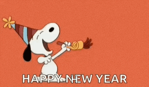 Snoopy Is Wearing A Party Hat And Blowing A Party Horn To Wish A Happy New Year . GIF