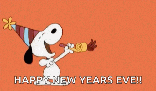 Snoopy Is Wearing A Party Hat And Blowing A Party Horn With The Words Happy New Years Eve Written Below Him . GIF