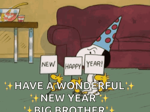 Snoopy Is Wearing A Party Hat And Holding A Sign That Says New Happy Year GIF