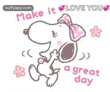 Snoopy Is Wearing A Pink Bow And Flowers And Saying `` Make It Love You '' . GIF