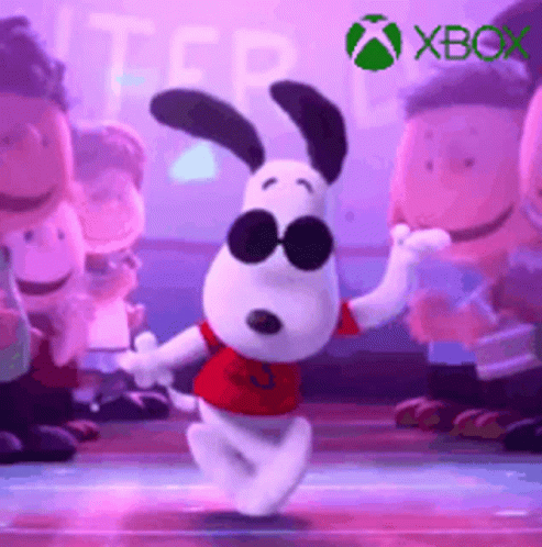 Snoopy Is Wearing Sunglasses And A Red Shirt And Is Dancing In Front Of A Group Of Peanuts Characters . GIF