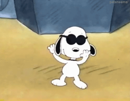 Snoopy Is Wearing Sunglasses And Waving While Standing On A Sandy Beach . GIF