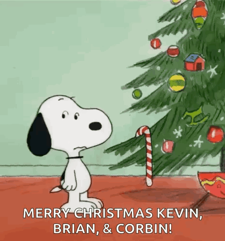 Snoopy Next to Christmas Tree Merry Christmas Kevin Brian & Corbin