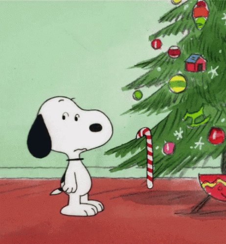Snoopy Next To Christmas Tree With Candy Cane GIF