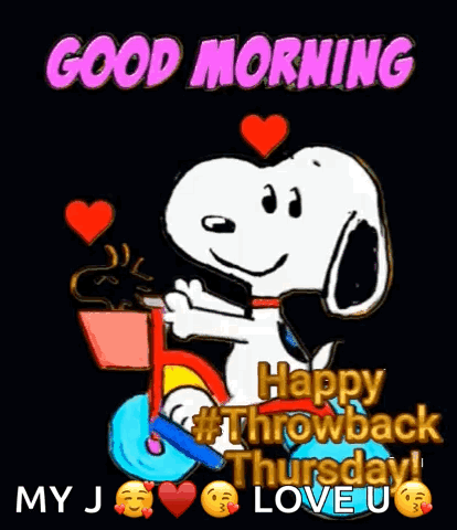 Snoopy Riding Bike With Basket of Coffee and Hearts