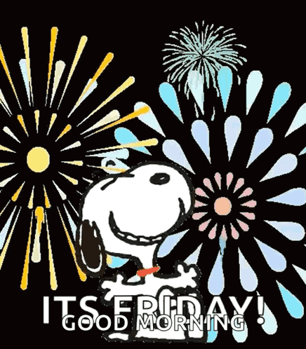 Snoopy Says It 'S Friday Good Morning In Front Of Fireworks . GIF