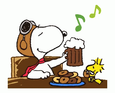 Snoopy Sitting With Beer And Woodstock Eating Donuts GIF