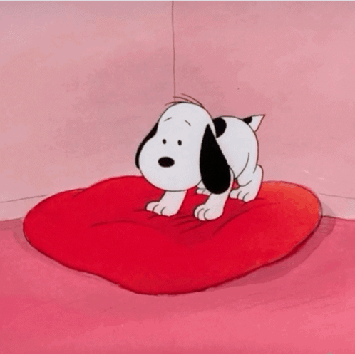 Snoopy Standing on Red Heart Shaped Pillow