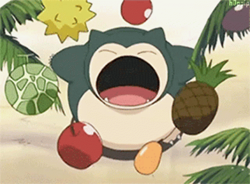 Snorlax Is Surrounded By Apples And Pineapples In This Animated Cartoon GIF