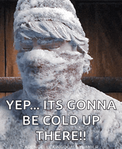 Snow Covered Statue Saying Yep Its Gonna Be Cold Up There