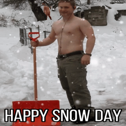 Shirtless Man With Shovel Greeting Happy Snow Day GIF