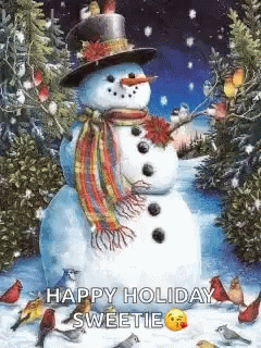 Snowman With Hat and Scarf Surrounded by Birds