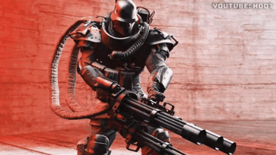 So Anyways I Started Blasting Gatling Gun Robot GIF