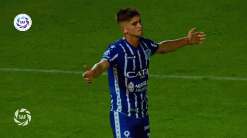 Soccer Player In Blue And White Striped Shirt Saying Cata GIF