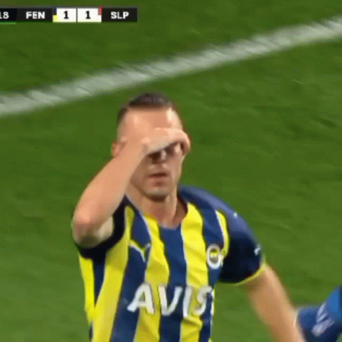 Soccer Player in Blue and Yellow Striped Shirt with Avis