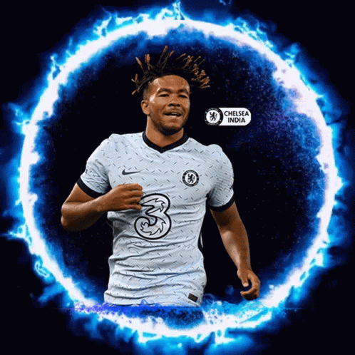 Soccer Player In Chelsea India Jersey Surrounded By Blue Flames GIF
