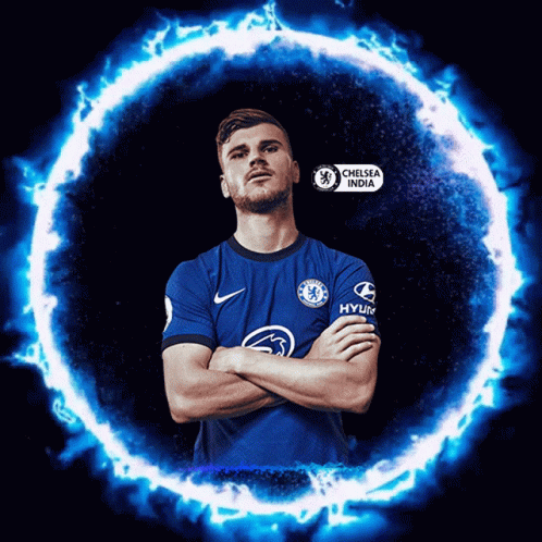 Soccer Player In Chelsea India Jersey Surrounded By Blue Flames GIF