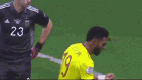 Soccer Player Kneeling in Yellow Jersey Number 19