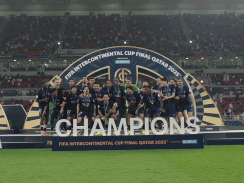 Soccer Players On Podium Saying Champions GIF