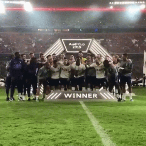 Soccer Players Posing in Front of Audi Cup Winner Sign