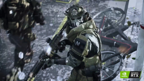 Soldier Holding Rifle In Front Of Nvidia RTX Sign GIF