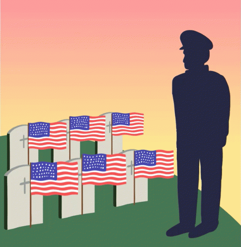 Soldier in Front of Graves with American Flags