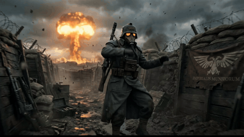 Soldier in Front of Sign Saying Imperialis Munorum