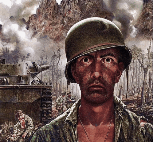 Soldier in Helmet With Tank Background