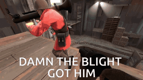 Soldier In Red Uniform Holding Rocket Launcher Saying Damn The Blight Got Him GIF