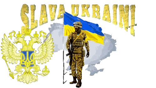 Soldier Standing Before Map and Flag Slava Ukraini