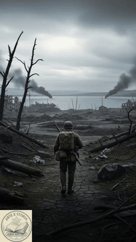Soldier Walking Through War Zone Poster