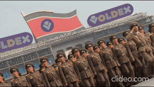 Soldiers In Front Of Voldex Sign GIF