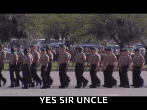 Soldiers Marching in a Line Saying Yes Sir Uncle