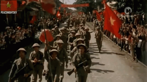 Soldiers Marching with Flags and Peace Night Sky Logo