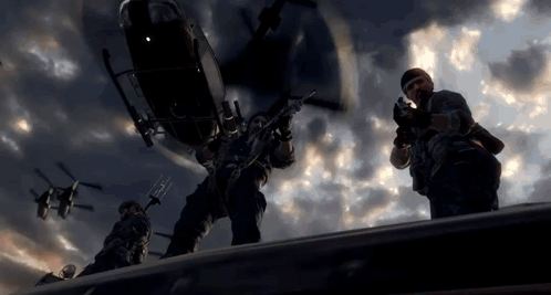 Soldiers on Building in Front of Helicopter in Sky