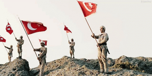 Soldiers On Rocky Hill Holding Flags GIF