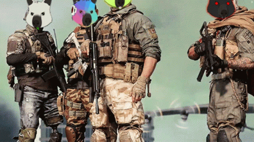 Soldiers Standing One in Bear Mask
